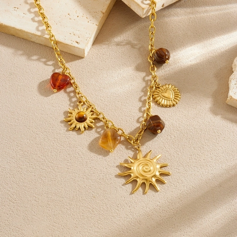 Vintage Roestvrij Staal Verguld Zon Hart Ketting En Armband Boho Tijgeroog Steen Hanger Sieraden Voor Dames