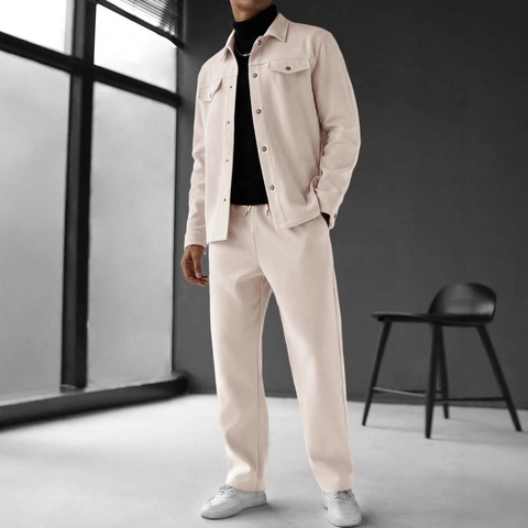 Veste Et Pantalon Décontractés Pour Hommes Col À Revers Manches Longues Maille Polyester Poches Mode Coupe Ample