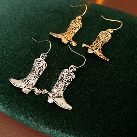 Cowboy Boot Drop Earrings Alloy Vintage Engraved Western Style With Silver Earring Post For Women Retro Jewelry