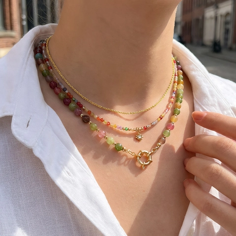 Bohemian Ethnic Natural Stone Beaded Necklace For Women Copper Sun Star Pendant Rhinestone Charm Multicolor Jewelry Necklace