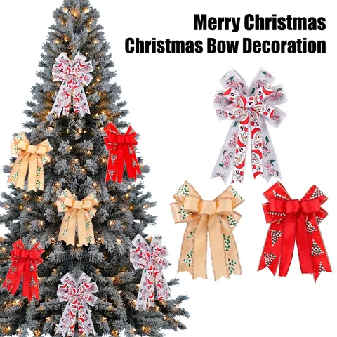 Christmas Decorative Bows Double Layer Polyester Ribbon Glitter Edge Santa Tree Print Festive Tree Wreath Ornament