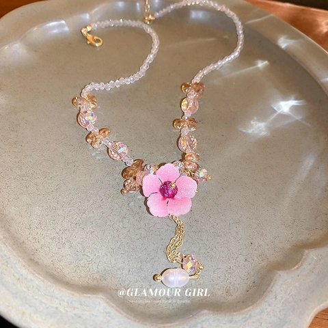 Pink Flower Pendant Necklace With Crystal Beads And Artificial Pearl Tassel Sweet Alloy Jewelry For Women