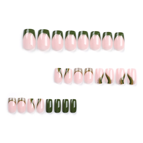 Press On Nails French Gold Glitter Dark Green Pink Short Square-Oval Glossy Full Cover Artificial False Nails For Women