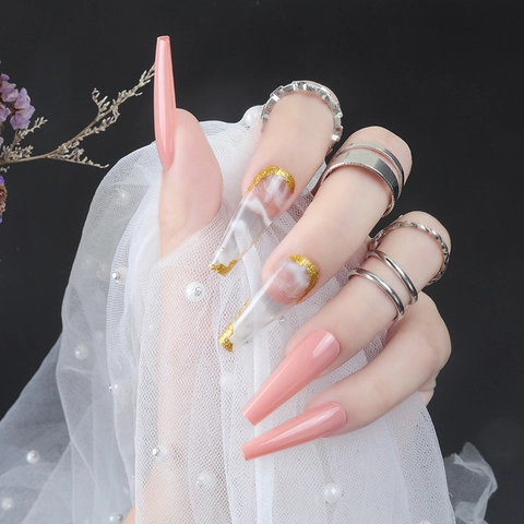 Uñas Postizas De Mármol Rosa Largas Forma Ataúd Purpurina Dorada Diseño Uñas De Lujo Manicura Artística Para Mujeres