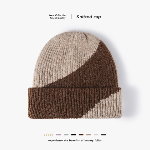 Bonnet En Tricot De Laine Bloc De Couleur Chaud Épais Côtelé Extérieur Mode Pour Femmes Et Hommes