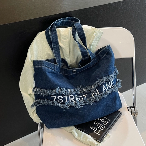 Sac Fourre Tout En Denim Pour Femmes Franges Broderie Grande Capacité Style Street Décontracté Sac À Épaule