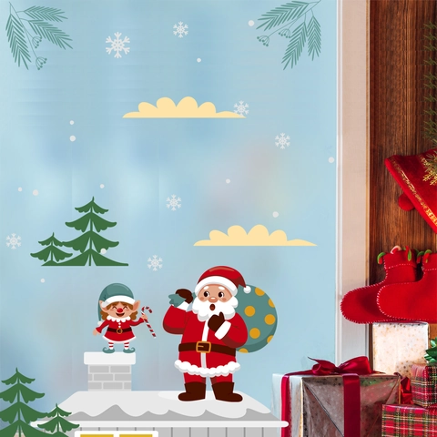 Christmas Wall Stickers Santa Claus Elf Snowflakes PVC Window Decals Holiday Home Decor Cartoon Style