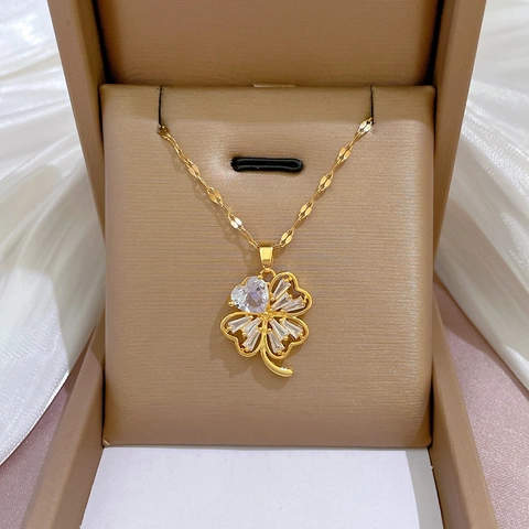 Collana Pendente Quadrifoglio Acciaio Al Titanio Rame Placcato Oro Cuore Zircone Gioielli Eleganti Donna