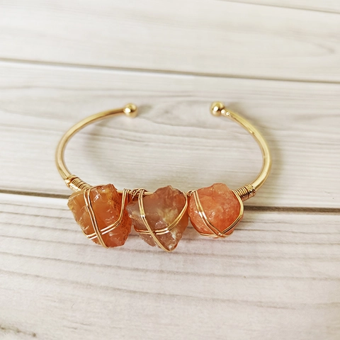 Natural Raw Gemstone Open Cuff Bracelet Copper Wire Wrapped Adjustable Handmade Bohemian Vintage Style Jewelry For Women