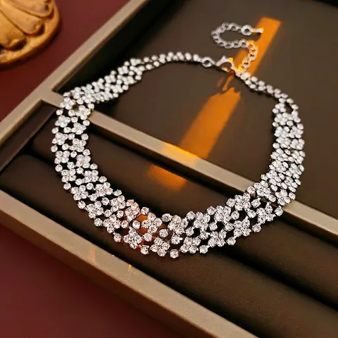 Elegante Collana Choker Con Strass Multistrato Traforata Lega Scintillante Gioielli Di Lusso Per Matrimonio Donna