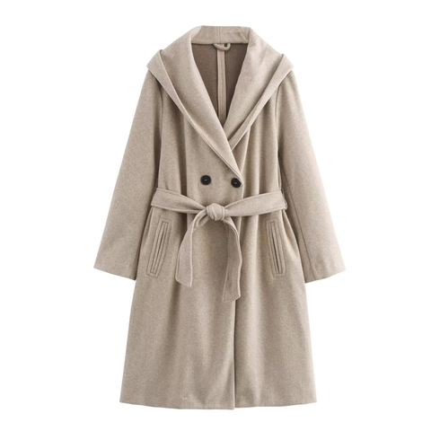 Women Hooded Long Coat Warm Woolen Fabric Waist Belt Button Front Pockets Loose Fit Outerwear