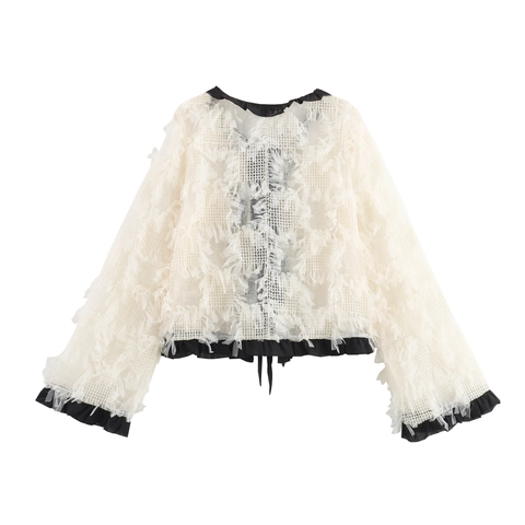 Camicetta In Pizzo Da Donna Cardigan In Maglia Con Volant A Contrasto Maniche Lunghe Fiocco Frange Elegante