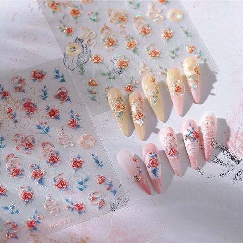 3D Embossed Nail Art Stickers Laser Iridescent Retro Rose Flower Snake Chinese Coin Self Adhesive Vintage Manicure Decals