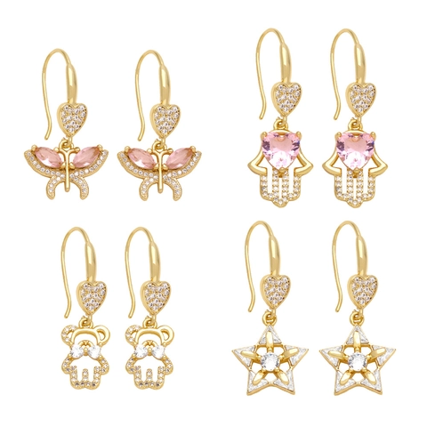 Boucles D'oreilles Pendantes À Crochet En Coeur Cuivre Plaqué Or Zircon Papillon Ours Hamsa Étoile Charmes Mode Douce Pour Femmes