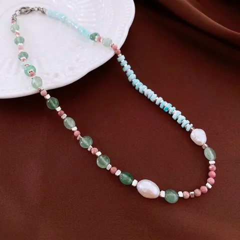 Retro Natural Stone And Artificial Pearl Necklace Bracelet Handmade Multi Color Beaded Clavicle Chain Jewelry For Women