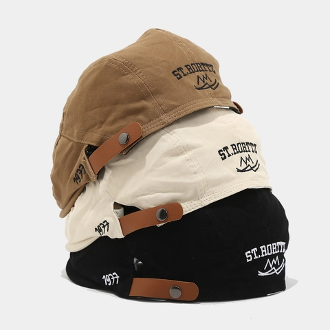 Retro Cotton Canvas Flat Cap Adjustable Leather Strap Embroidered Ivy Beret Hat For Men Women