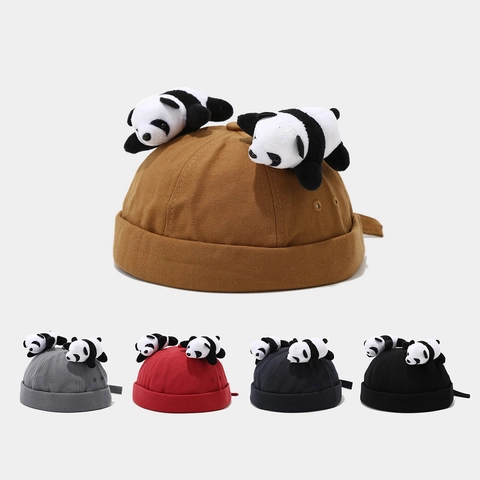 Creative Panda Docker Hat Cotton Canvas Brimless Cap With Two Plush Dolls Adjustable Streetwear For Men Women