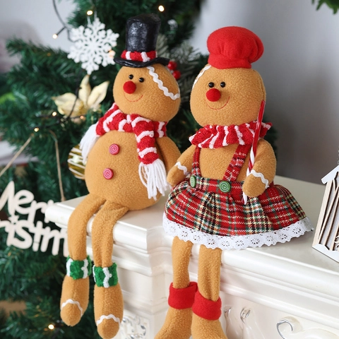 Christmas Gingerbread Man Couple Plush Dolls Festive Polyester Fabric Ornaments Long Leg Window Desktop Holiday Decoration