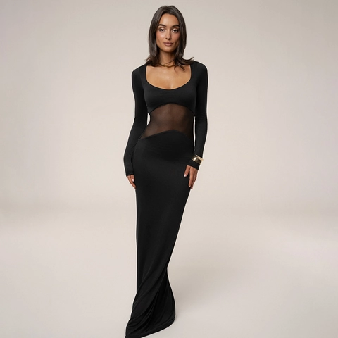 Dames Maxi Jurk Mesh Patchwork Transparante Taille Lange Mouwen Bodycon Sexy U-Hals Effen Kleur Slim Fit