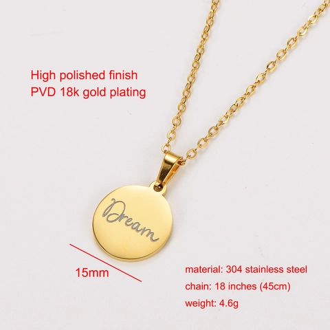 Collar Con Colgante Redondo Grabado Dream Acero Inoxidable Cadena Pulida Joyería Minimalista Regalo