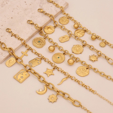 Roestvrijstalen Bedelarmband Verguld Zon Maan Ster Boze Oog Hamsa Hand Hanger Verstelbaar Vintage Sieraden Voor Dames