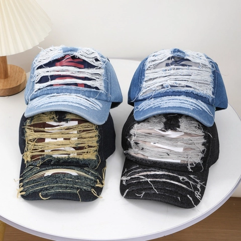 Distressed Denim Baseball Cap Frayed Washed Cotton Letter Embroidery Vintage Streetwear Adjustable Sun Hat For Unisex