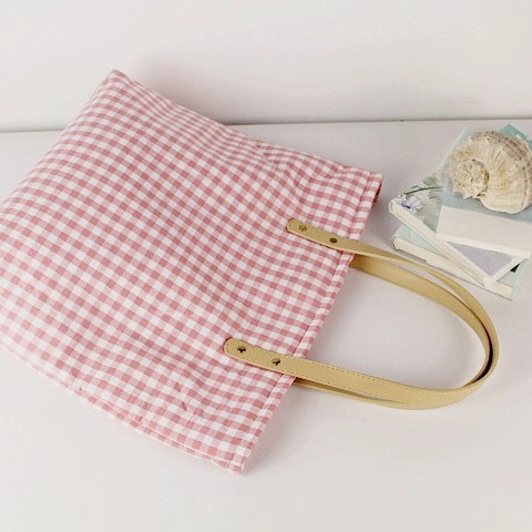 Women Gingham Plaid Tote Bag Cotton Linen Canvas Shoulder Purse With PU Leather Straps Rivets Zipper Large Capacity
