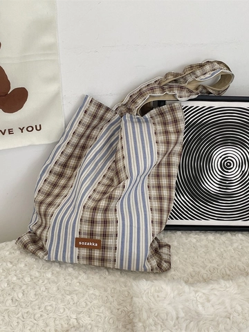 Borsa A Spalla In Tela Patchwork Da Donna Grande Capacità Tote A Quadri E Righe Con Tracolla Con Volant