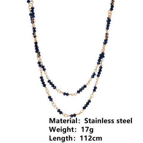 Stainless Steel Necklace And Bracelet For Women Double Layer Long Chain With Faceted Black Crystal Beads Elegant Fashion Jewelry