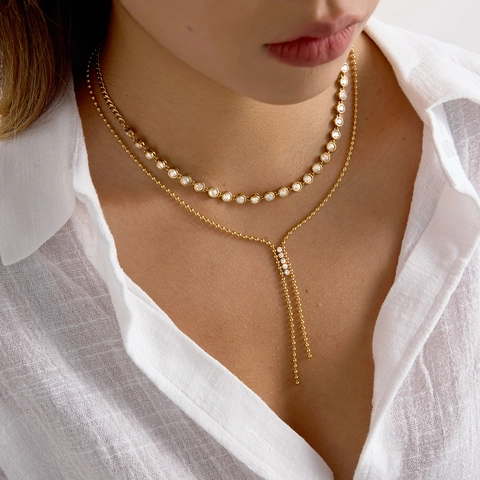 Collana a Nappa a Forma di Y in Acciaio Inossidabile con Strass Catena Lunga per Maglione da Donna Placcata in Oro Gioiello di Moda Geometrico