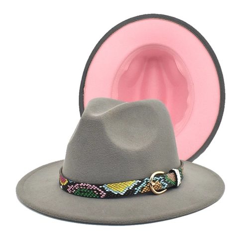 Two Tone Wool Felt Fedora Hat Wide Brim Retro Jazz Contrast Color Snake Pattern Belt Gold Buckle Fashion Men Women