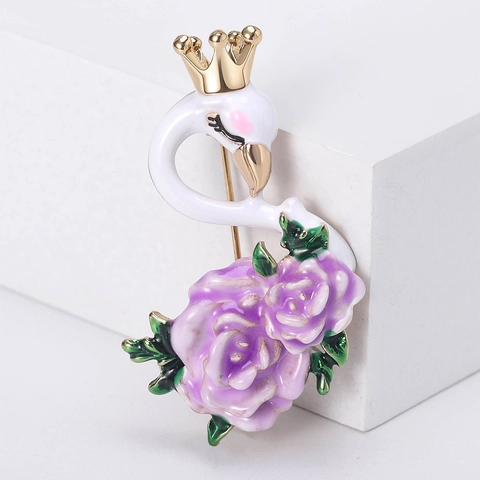 Schwan Brosche Legierung Emaille Rose Blume Goldene Krone Anstecknadel Für Mantel Anzug Kleid Elegante Vintage Accessoire