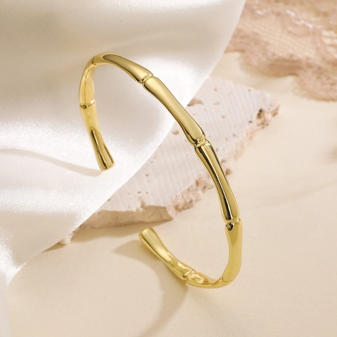 Bambus Gelenk Offene Manschette Armband Vergoldetes Kupfer Zirkon Verstellbarer Armreif Minimalistischer Eleganter Schmuck