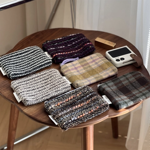 Mini Woolen Coin Purse Retro Plaid Striped Tweed Zipper Pouch Small Cosmetic Lipstick Storage Bag For Women
