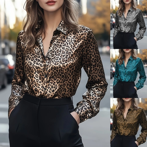 Damen Leopardenmuster Satin Hemd Langarm Knopfleiste Bluse Schlanke Passform Reverskragen Büro Street Wear Tops Für Damen