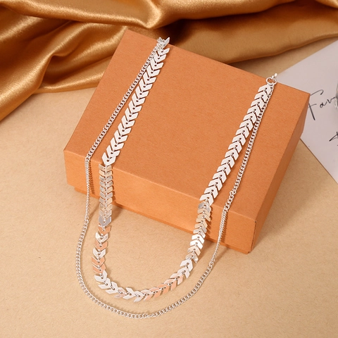 Alloy Necklace With V Shaped Chevron Fishbone Link Chain And Thin Round Link Layer Choker Clavicle Minimalist Fashion