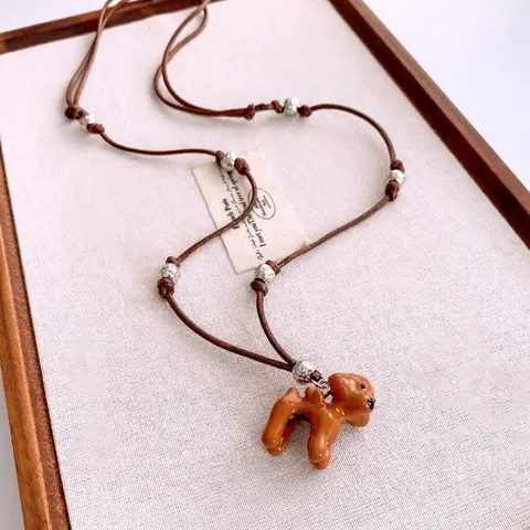 Retro Welpen Anhänger Halskette Kupfer Emaille Pudel Form Lange Pullover Kette Geflochtenes Seil Schmuck Für Damen