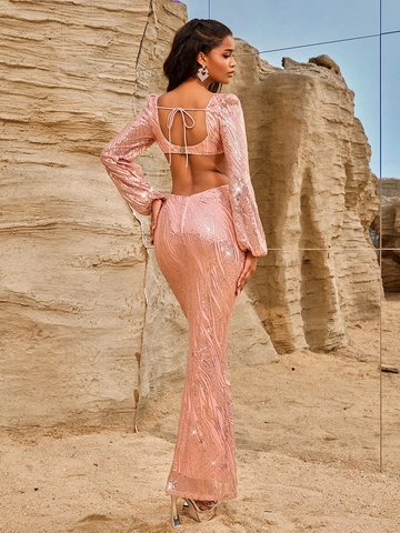 Vestido De Noche Largo Con Lentejuelas Cuello En V Profundo Manga Larga Cintura Hueca Espalda Descubierta Sirena Para Mujer Elegante Brillante