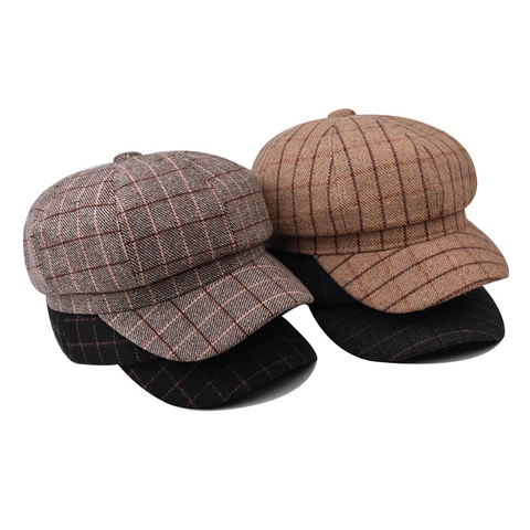 British Retro Plaid Newsboy Cap Octagonal Hat Autumn Winter Fashionable Cotton Polyester Blend Checked Pattern