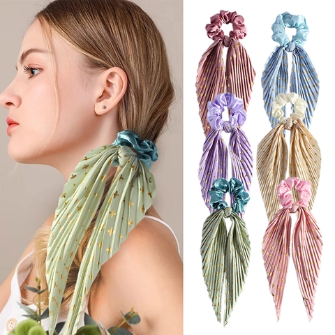 Elegant Satin Scrunchie With Long Pleated Streamer Gold Star Pattern Satin Chiffon Hair Ribbon Vintage Ties For Women