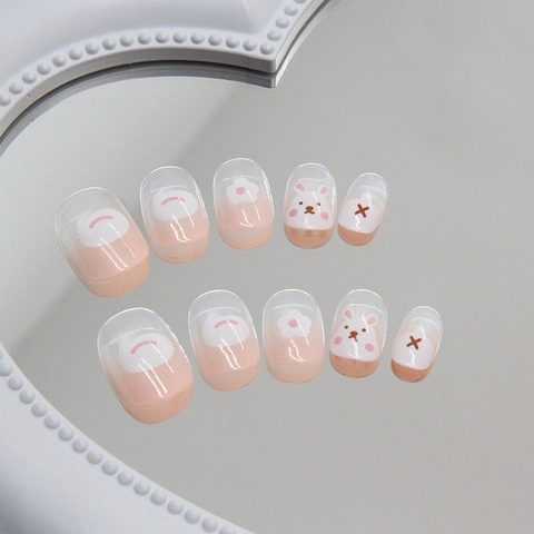 Press On Nails Cute Rabbit Flower Pink Gradient Short Round Artificial False Nails Cartoon Sweet Style