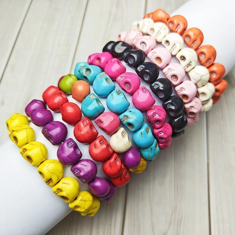 Bracciale Con Perline Di Teschio Gothic Punk Turchese Sintetico Elastico Estensibile Stile Rock Retro Gioielli Unisex