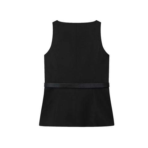 Women Sleeveless Vest Top With Belt Heart Buckle Gold Buttons Elegant Slim Solid Black Polyester