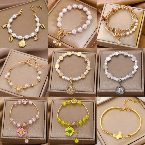 Fashion Women Jewelry Multi Style Bracelet Necklace Butterfly Heart Charm Alloy Stainless Steel Artificial Pearl Adjustable Chain