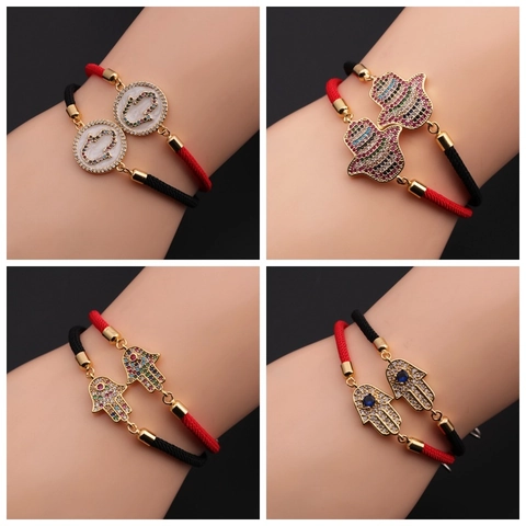 Hamsa Hand Böser Blick Armband Kupfer Zirkon Mikro Pave Böhmisch Verstellbar Geflochtenes Seil Schmuck Für Damen Schutz