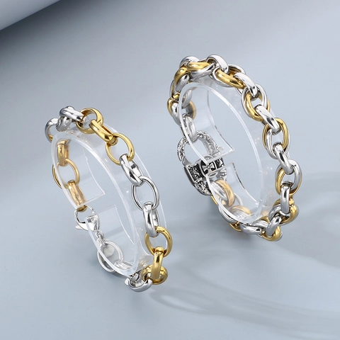 Bracelet Homme En Acier Inoxydable Or Argent Bicolore Grosse Chaîne Bangle Punk Gothique Fermoir Croix Bijoux