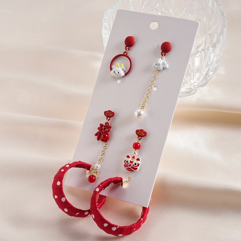 Pendientes Asimétricos Estilo Chino Con Poste De Plata De Ley 925 Perla Artificial De Imitación Tela León Conejo Lunares Rojos
