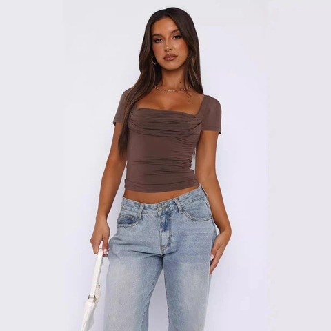Women Ruched Short Sleeve T-Shirt Square Neck Slim Fit Crop Top Polyester Spandex Solid Color Casual Streetwear