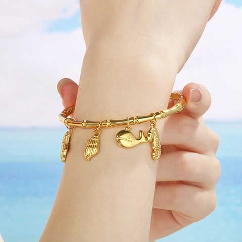 Fashion Ocean Theme Bangle Bracelet Stainless Steel 18K Gold Plated Starfish Shell Dolphin Charms Bamboo Style For Women