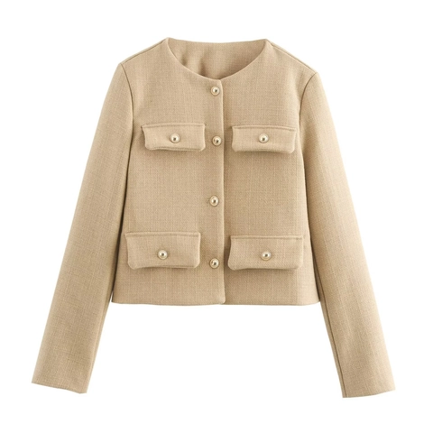 Women Tweed Jacket Elegant Round Neck Long Sleeve Gold Button Woven Crop Outerwear Vintage Small Fragrance Style Coat